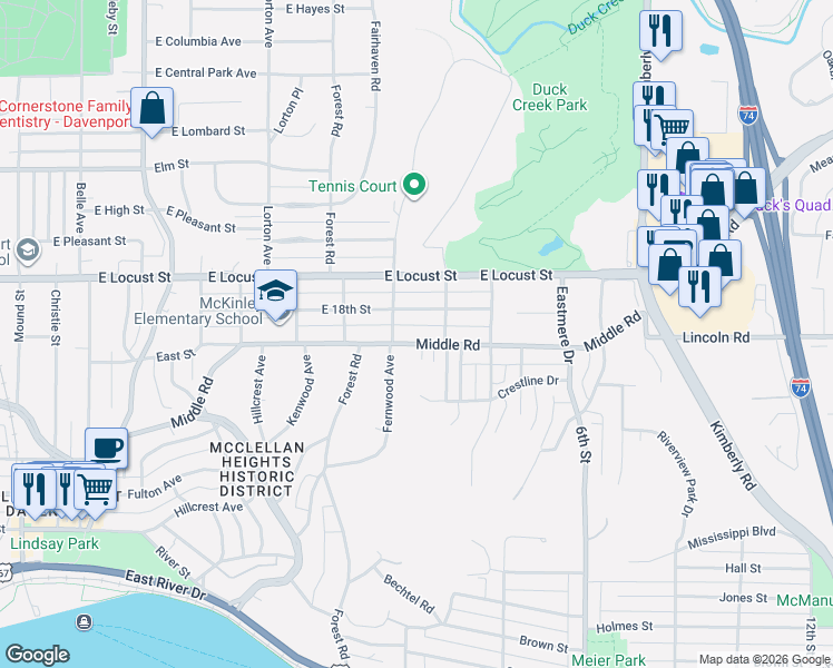 map of restaurants, bars, coffee shops, grocery stores, and more near 2928 Middle Rd in Davenport
