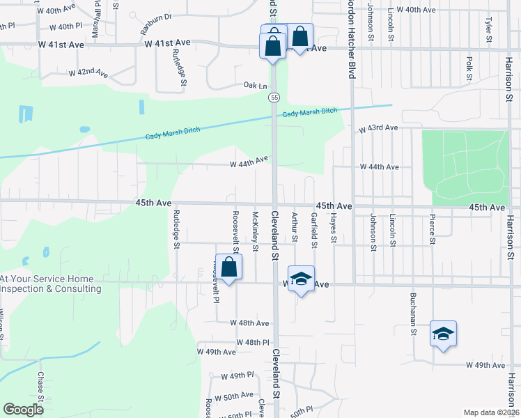 map of restaurants, bars, coffee shops, grocery stores, and more near 2045 West 45th Avenue in Gary