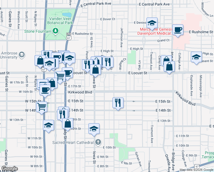 map of restaurants, bars, coffee shops, grocery stores, and more near 426 Kirkwood Boulevard in Davenport