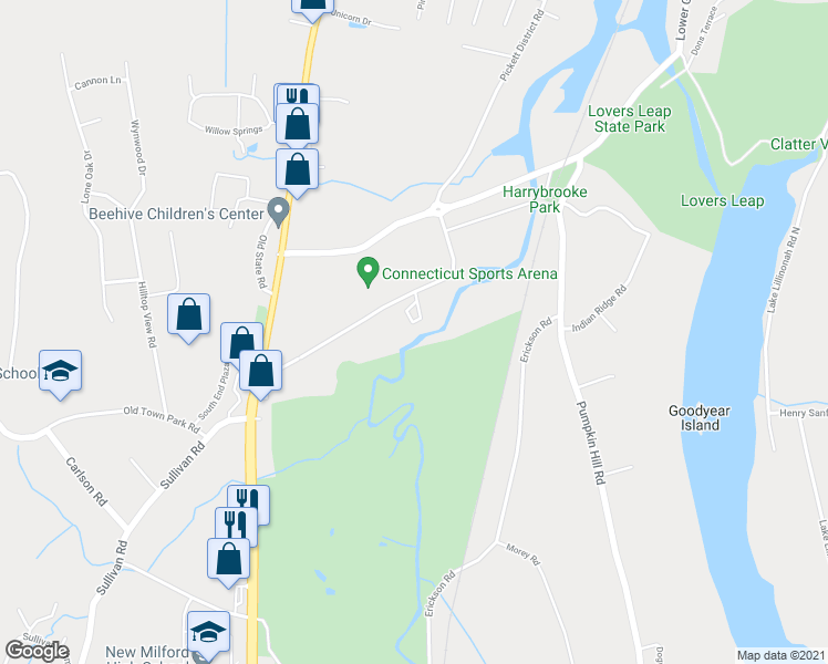 map of restaurants, bars, coffee shops, grocery stores, and more near 33 Harry Brook Village in New Milford