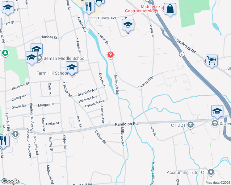 map of restaurants, bars, coffee shops, grocery stores, and more near 63 Millbrook Road in Middletown