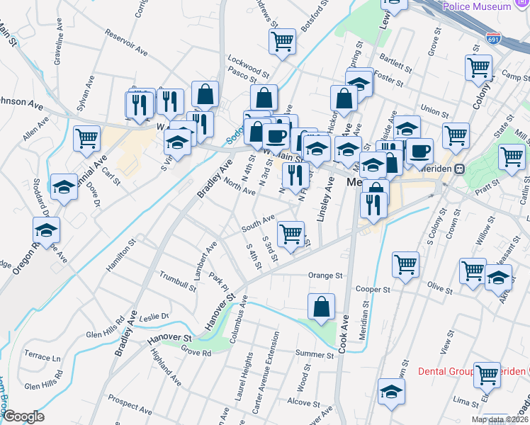 map of restaurants, bars, coffee shops, grocery stores, and more near 48 South Avenue in Meriden