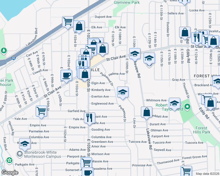 map of restaurants, bars, coffee shops, grocery stores, and more near 770 Parkwood Drive in Cleveland