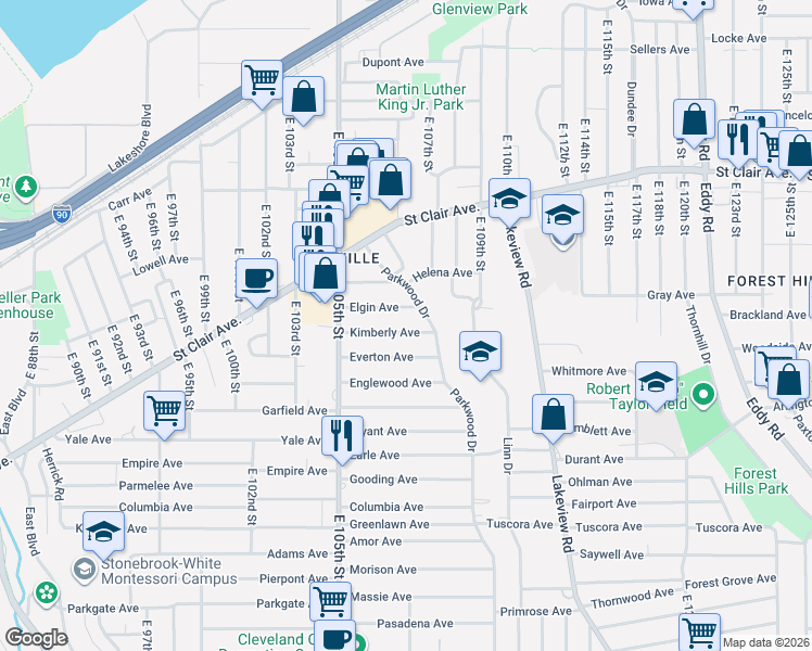 map of restaurants, bars, coffee shops, grocery stores, and more near 10618 Kimberly Avenue in Cleveland