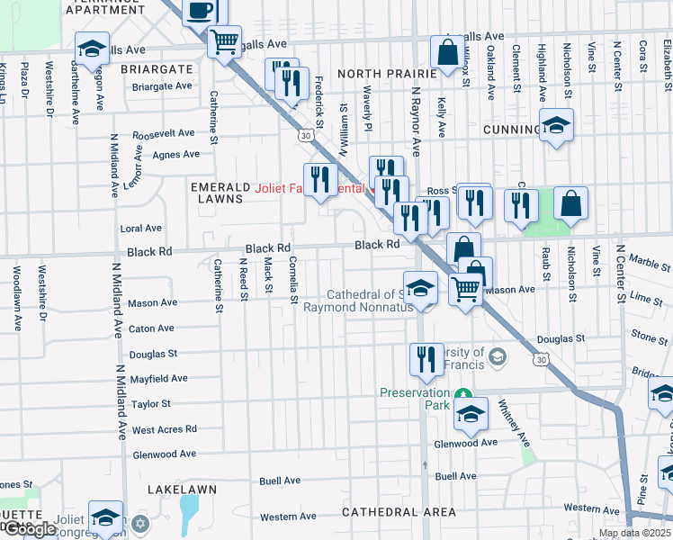 map of restaurants, bars, coffee shops, grocery stores, and more near 709 North William Street in Joliet