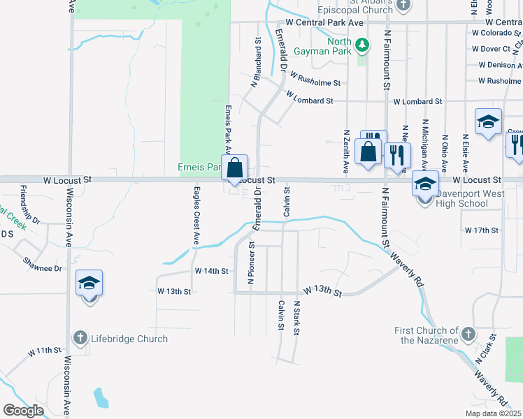 map of restaurants, bars, coffee shops, grocery stores, and more near 1727 Emerald Drive in Davenport