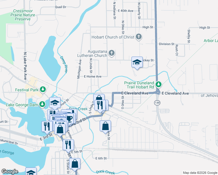 map of restaurants, bars, coffee shops, grocery stores, and more near 920 East Cleveland Avenue in Hobart
