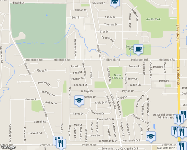map of restaurants, bars, coffee shops, grocery stores, and more near 351 Iris Lane in Chicago Heights