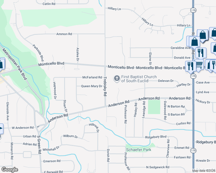 map of restaurants, bars, coffee shops, grocery stores, and more near 867 Trebisky Road in Cleveland