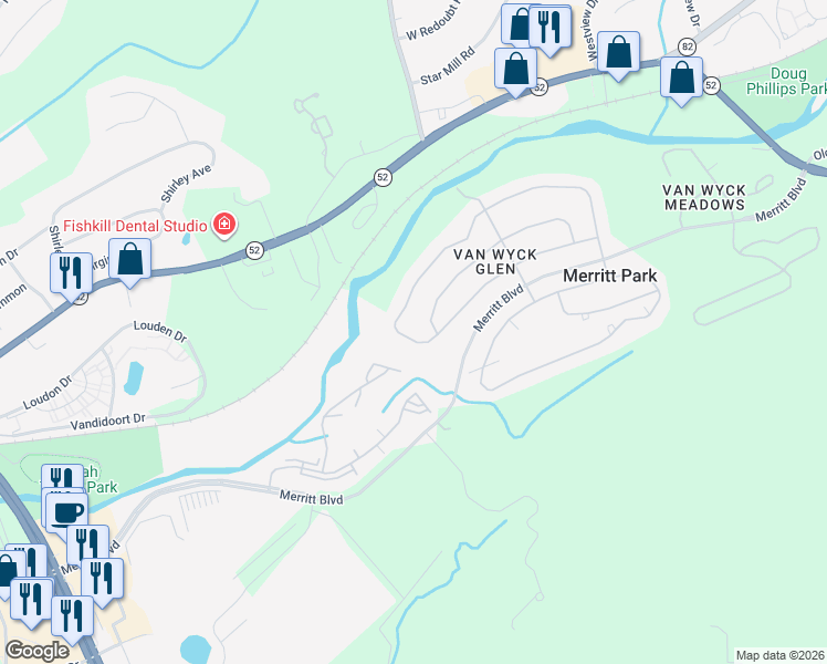 map of restaurants, bars, coffee shops, grocery stores, and more near 145 Stony Brook Road in Fishkill