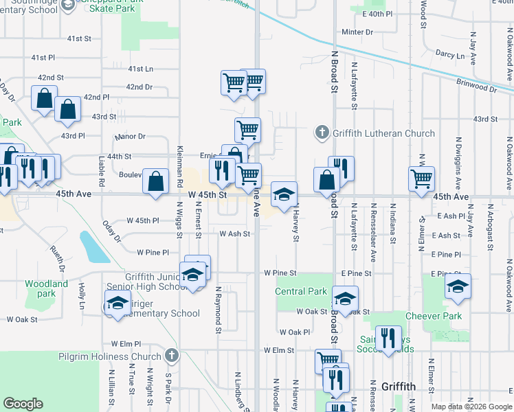 map of restaurants, bars, coffee shops, grocery stores, and more near 821 N Cline Ave in Griffith