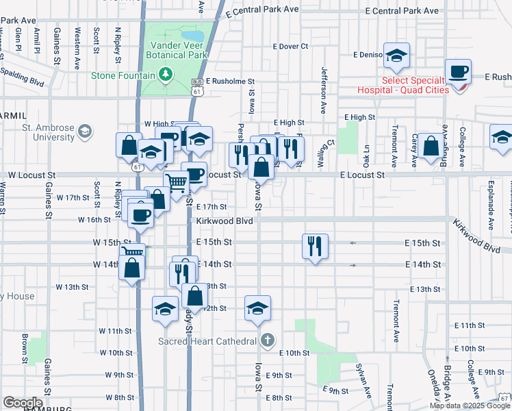 map of restaurants, bars, coffee shops, grocery stores, and more near 1702 Iowa Street in Davenport