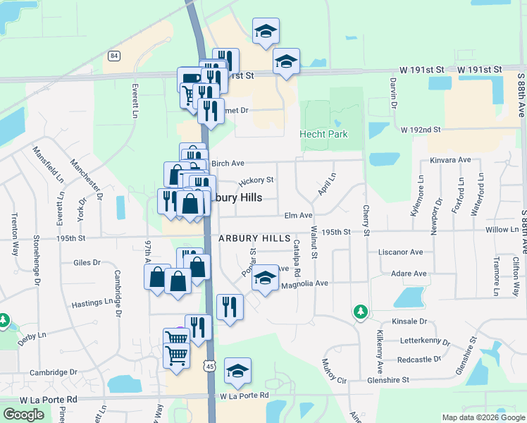 map of restaurants, bars, coffee shops, grocery stores, and more near 9224 Elm Avenue in Mokena