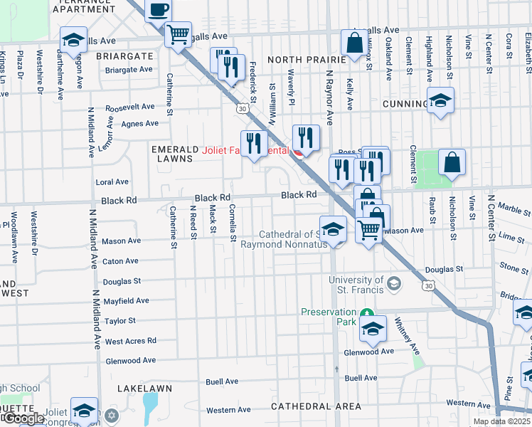 map of restaurants, bars, coffee shops, grocery stores, and more near 709 North William Street in Joliet
