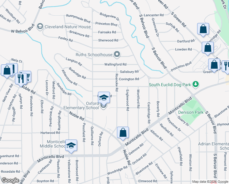 map of restaurants, bars, coffee shops, grocery stores, and more near 858 Roanoke Road in Cleveland Heights