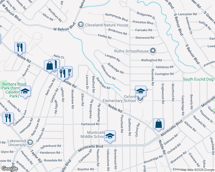 map of restaurants, bars, coffee shops, grocery stores, and more near 3658 Randolph Road in Cleveland Heights