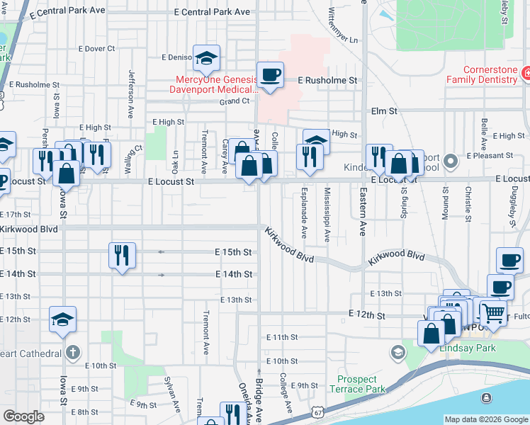 map of restaurants, bars, coffee shops, grocery stores, and more near 1148 Kirkwood Boulevard in Davenport