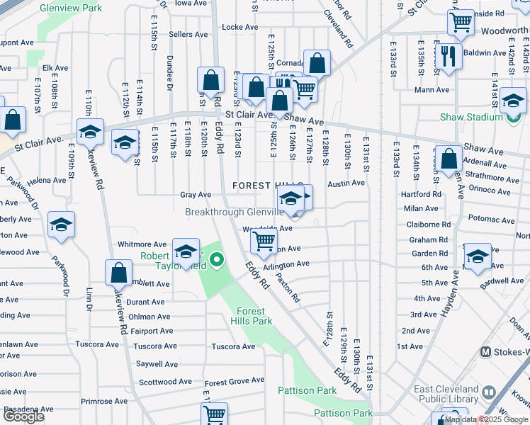 map of restaurants, bars, coffee shops, grocery stores, and more near 12416 Brackland Ave in Cleveland