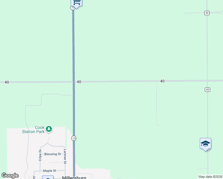 map of restaurants, bars, coffee shops, grocery stores, and more near 11678 County Road 40 in Millersburg