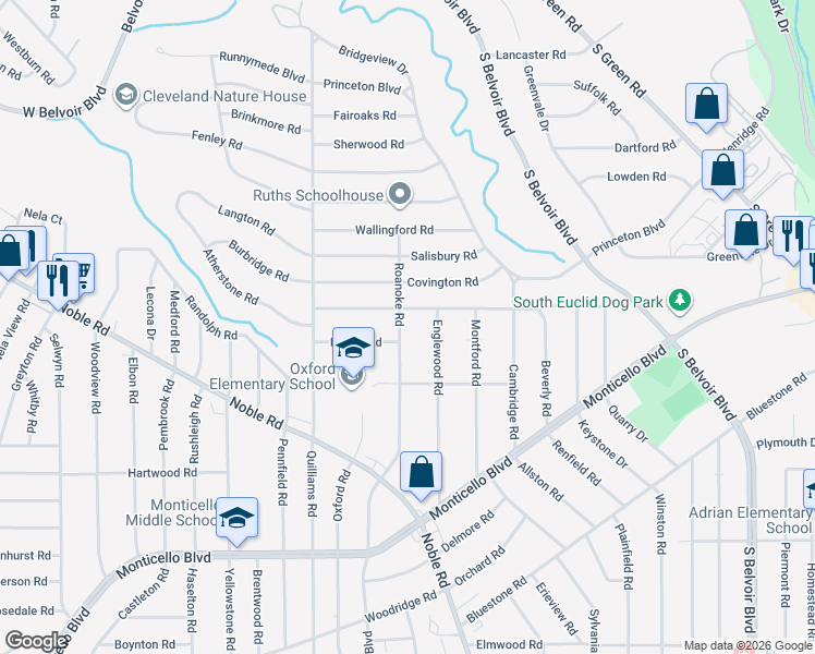 map of restaurants, bars, coffee shops, grocery stores, and more near 855 Roanoke Road in Cleveland Heights