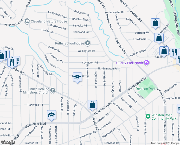 map of restaurants, bars, coffee shops, grocery stores, and more near 874 Roanoke Road in Cleveland Heights