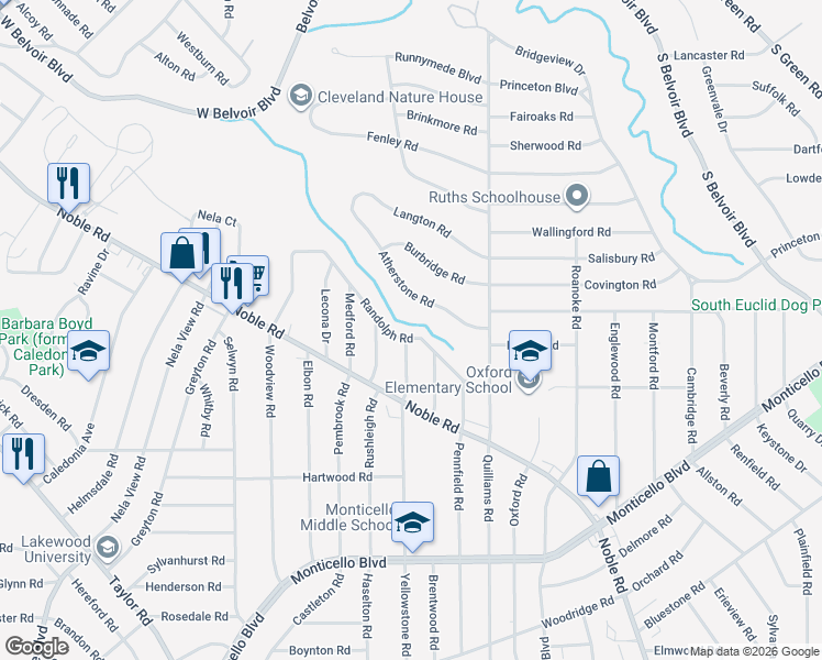 map of restaurants, bars, coffee shops, grocery stores, and more near 3658 Randolph Road in Cleveland Heights