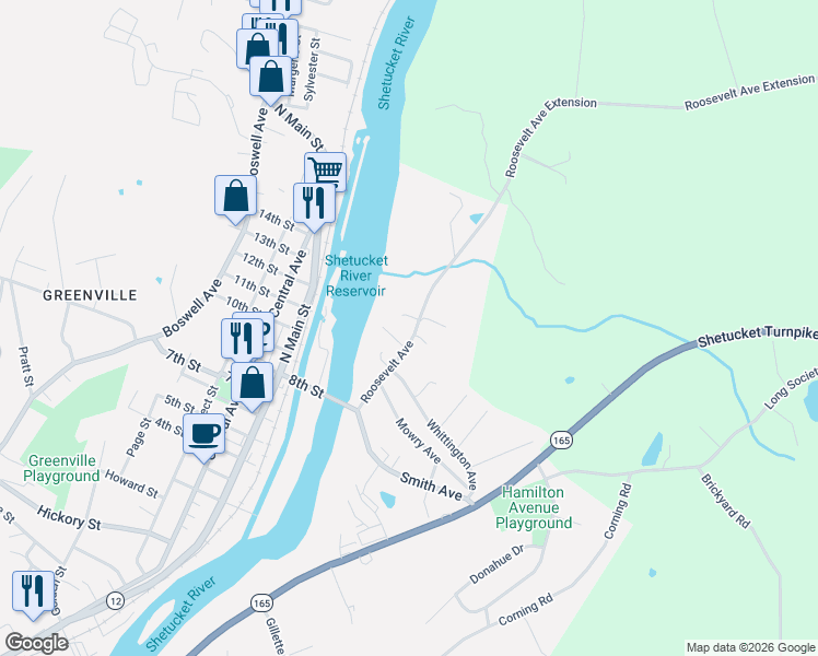 map of restaurants, bars, coffee shops, grocery stores, and more near 72 Roosevelt Avenue in Norwich