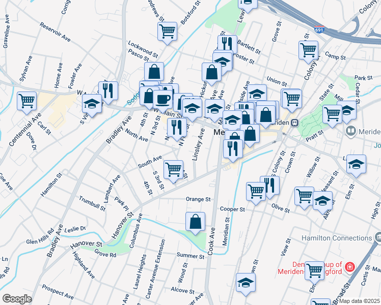 map of restaurants, bars, coffee shops, grocery stores, and more near 85 Linsley Avenue in Meriden