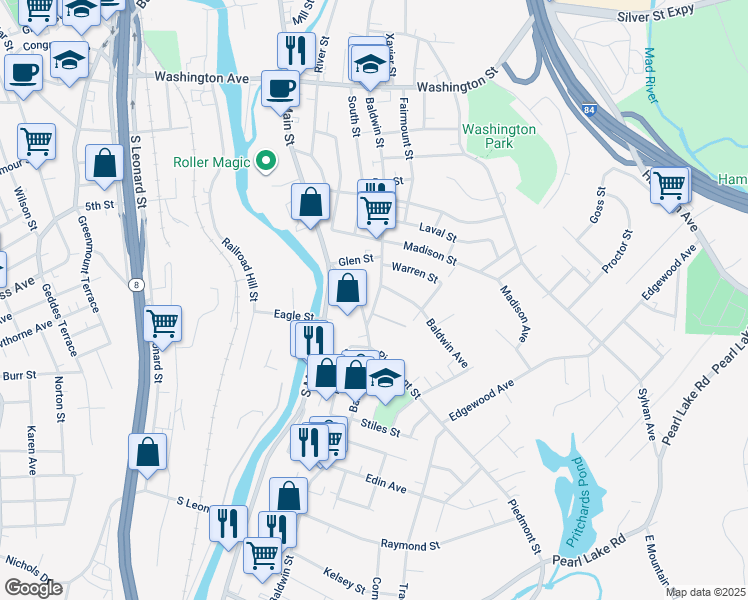 map of restaurants, bars, coffee shops, grocery stores, and more near 1177 Baldwin Street in Waterbury