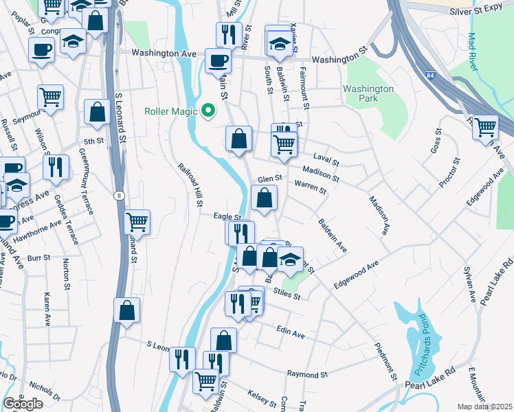 map of restaurants, bars, coffee shops, grocery stores, and more near 100 Piedmont Street in Waterbury