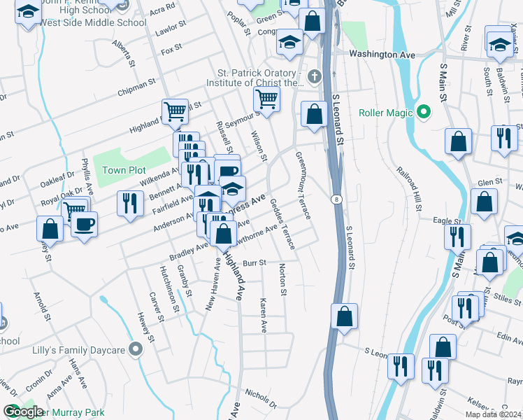 map of restaurants, bars, coffee shops, grocery stores, and more near 67 Avon Avenue in Waterbury