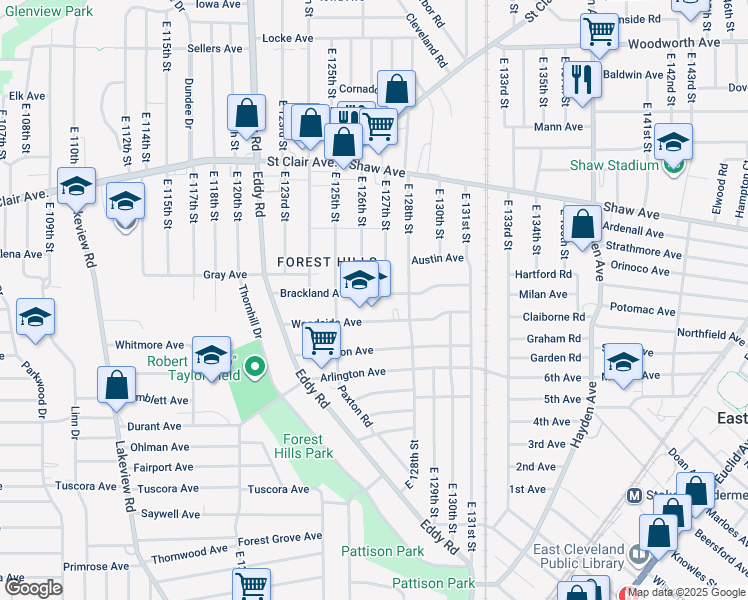 map of restaurants, bars, coffee shops, grocery stores, and more near 12627 Woodside Avenue in Cleveland