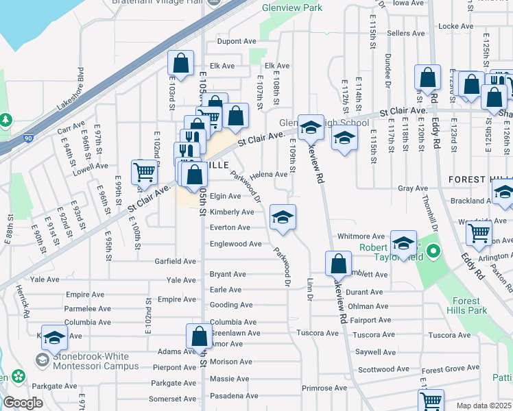 map of restaurants, bars, coffee shops, grocery stores, and more near 770 Parkwood Drive in Cleveland