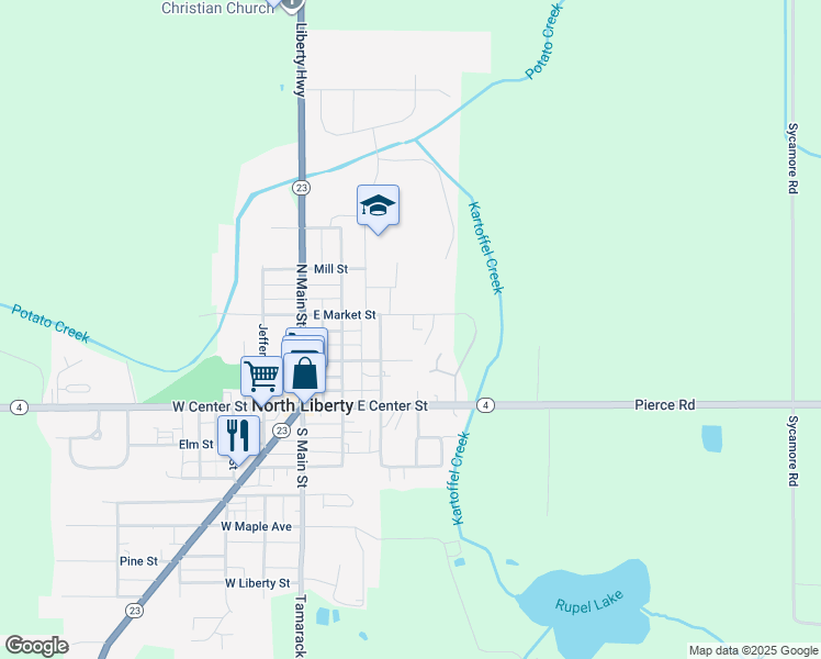map of restaurants, bars, coffee shops, grocery stores, and more near 307 East Harrison Street in North Liberty