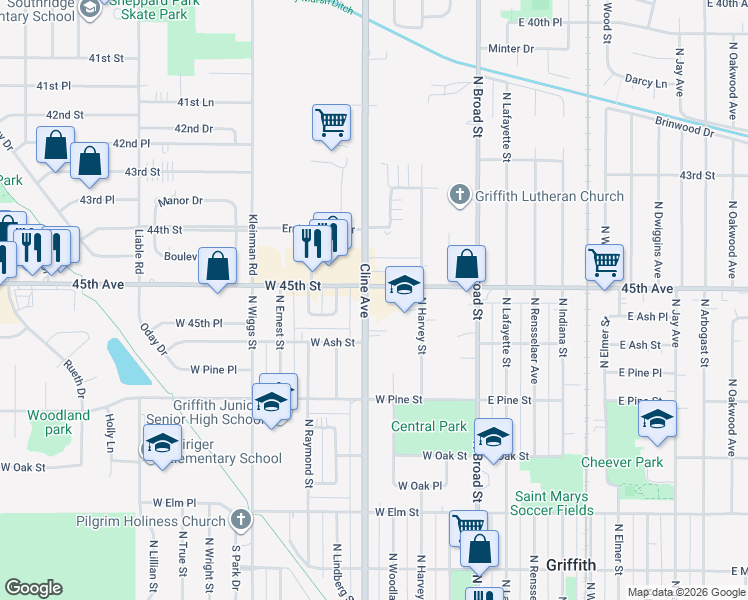 map of restaurants, bars, coffee shops, grocery stores, and more near 821 N Cline Ave in Griffith