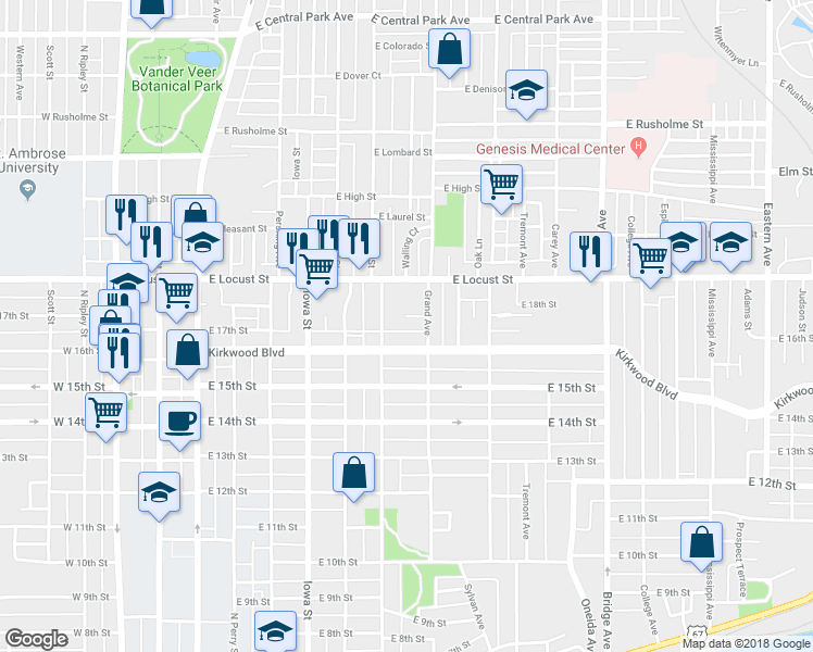 map of restaurants, bars, coffee shops, grocery stores, and more near 628 Kirkwood Boulevard in Davenport