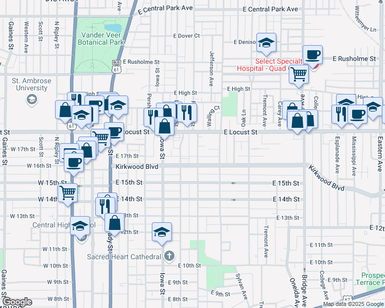 map of restaurants, bars, coffee shops, grocery stores, and more near 1604 Farnam Street in Davenport