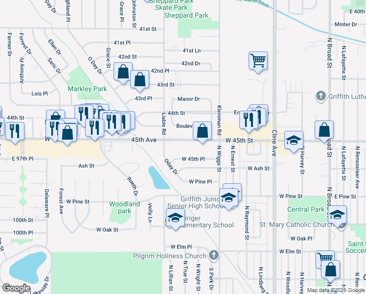 map of restaurants, bars, coffee shops, grocery stores, and more near 935 West Glen Park Avenue in Griffith