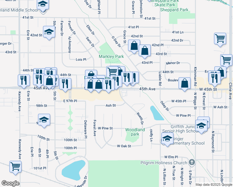 map of restaurants, bars, coffee shops, grocery stores, and more near 1801 West 45th Street in Griffith