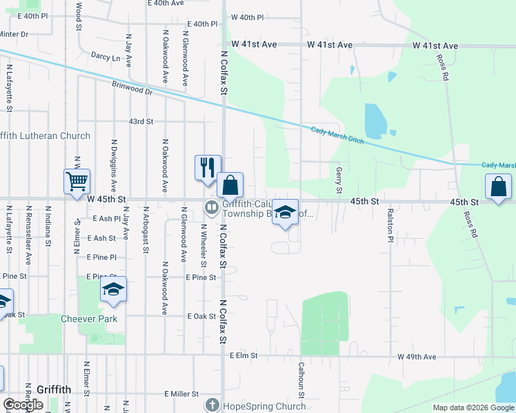 map of restaurants, bars, coffee shops, grocery stores, and more near 6001 West 45th Street in Gary