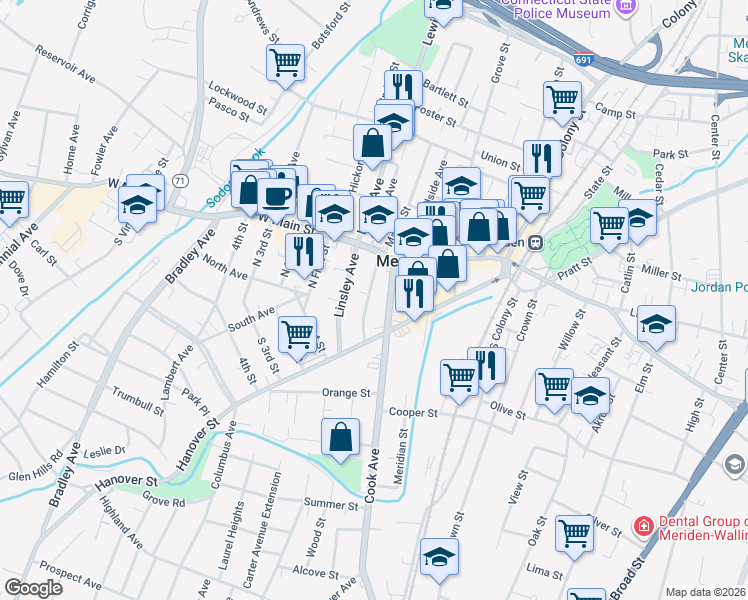 map of restaurants, bars, coffee shops, grocery stores, and more near 74 Randolph Avenue in Meriden