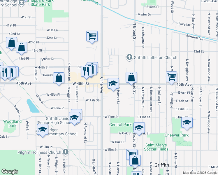 map of restaurants, bars, coffee shops, grocery stores, and more near 821 Cline Avenue in Griffith