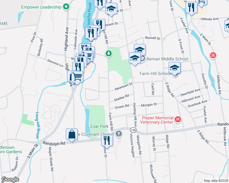 map of restaurants, bars, coffee shops, grocery stores, and more near 187 Newtown Street in Middletown