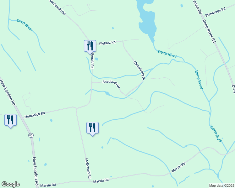 map of restaurants, bars, coffee shops, grocery stores, and more near 64 Shadbush Drive in Colchester