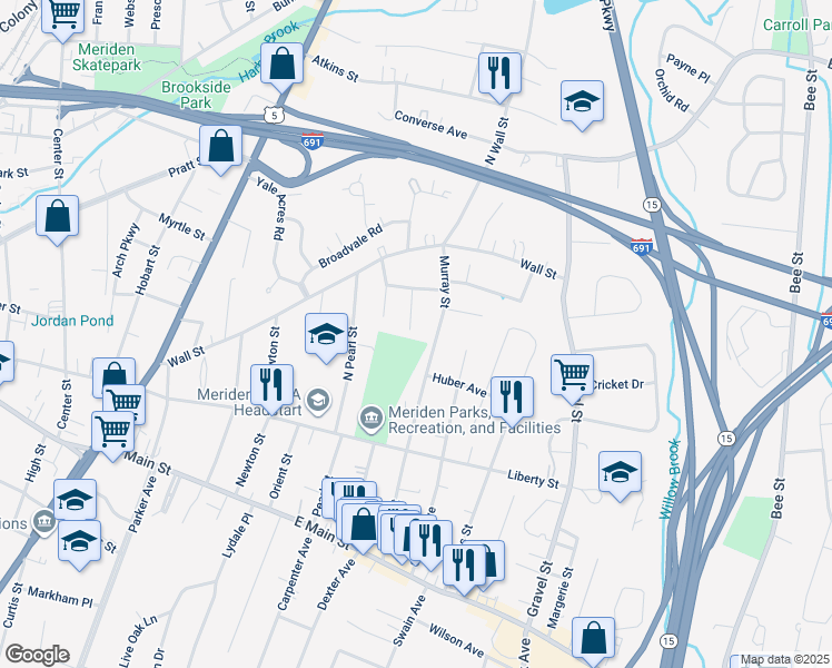 map of restaurants, bars, coffee shops, grocery stores, and more near 44 Woodlawn Terrace in Meriden