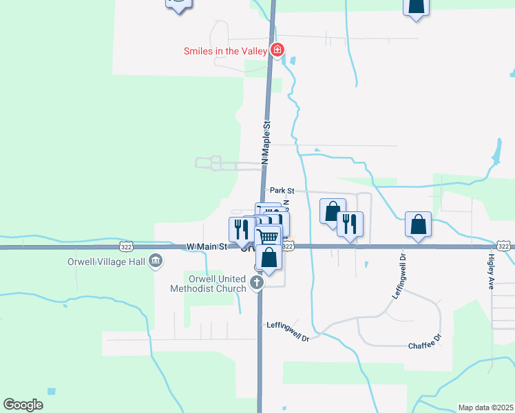 map of restaurants, bars, coffee shops, grocery stores, and more near 61 North Maple Street in Orwell