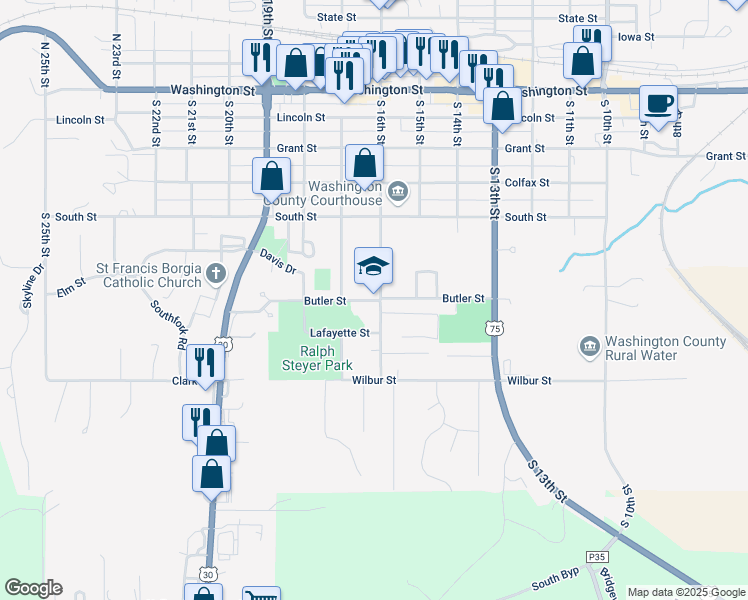 map of restaurants, bars, coffee shops, grocery stores, and more near 1616 Butler Street in Blair