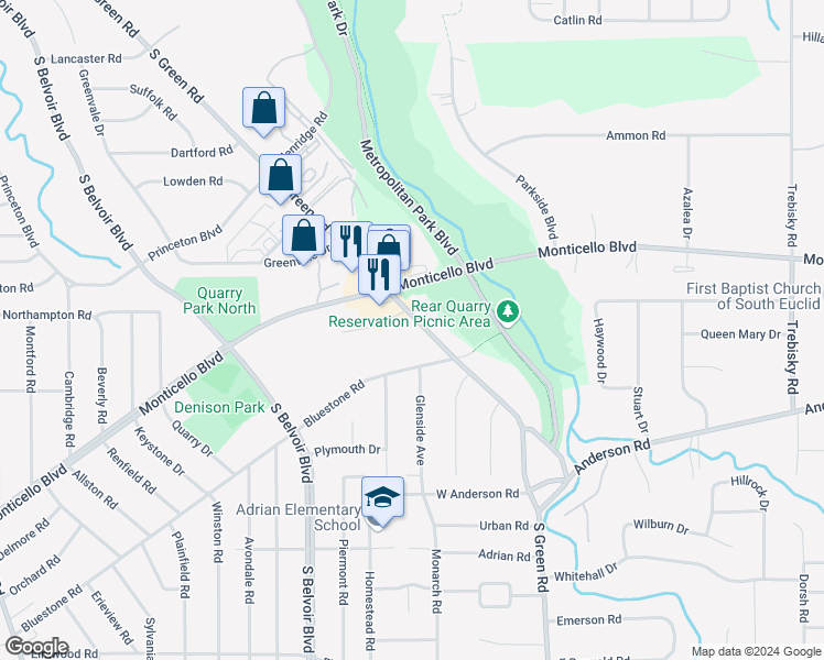 map of restaurants, bars, coffee shops, grocery stores, and more near 818 South Green Road in South Euclid