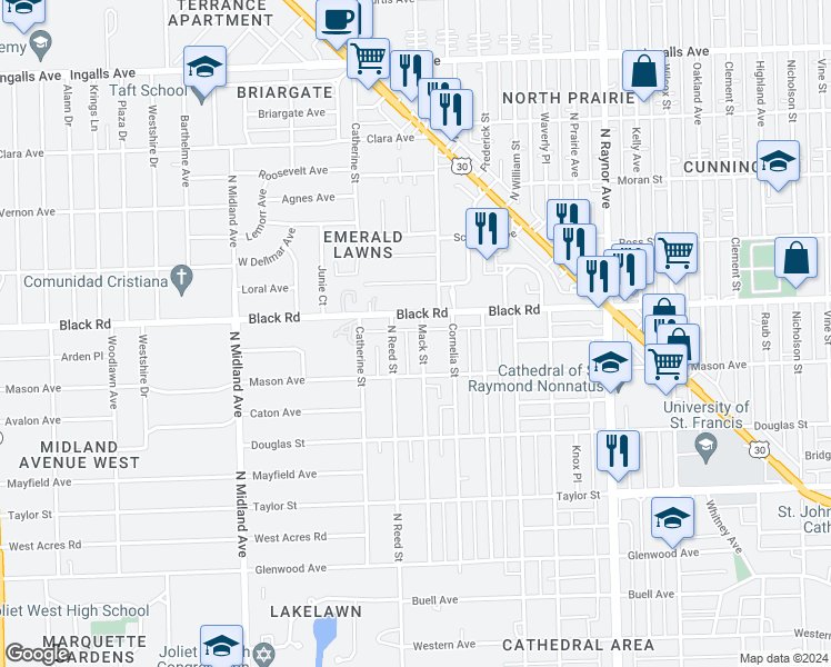 map of restaurants, bars, coffee shops, grocery stores, and more near 719 Mack Street in Joliet