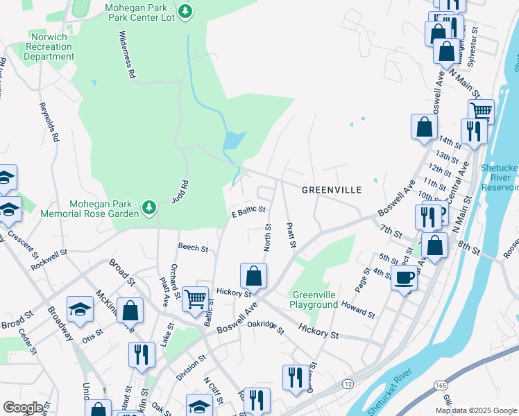map of restaurants, bars, coffee shops, grocery stores, and more near 102 North Street in Norwich